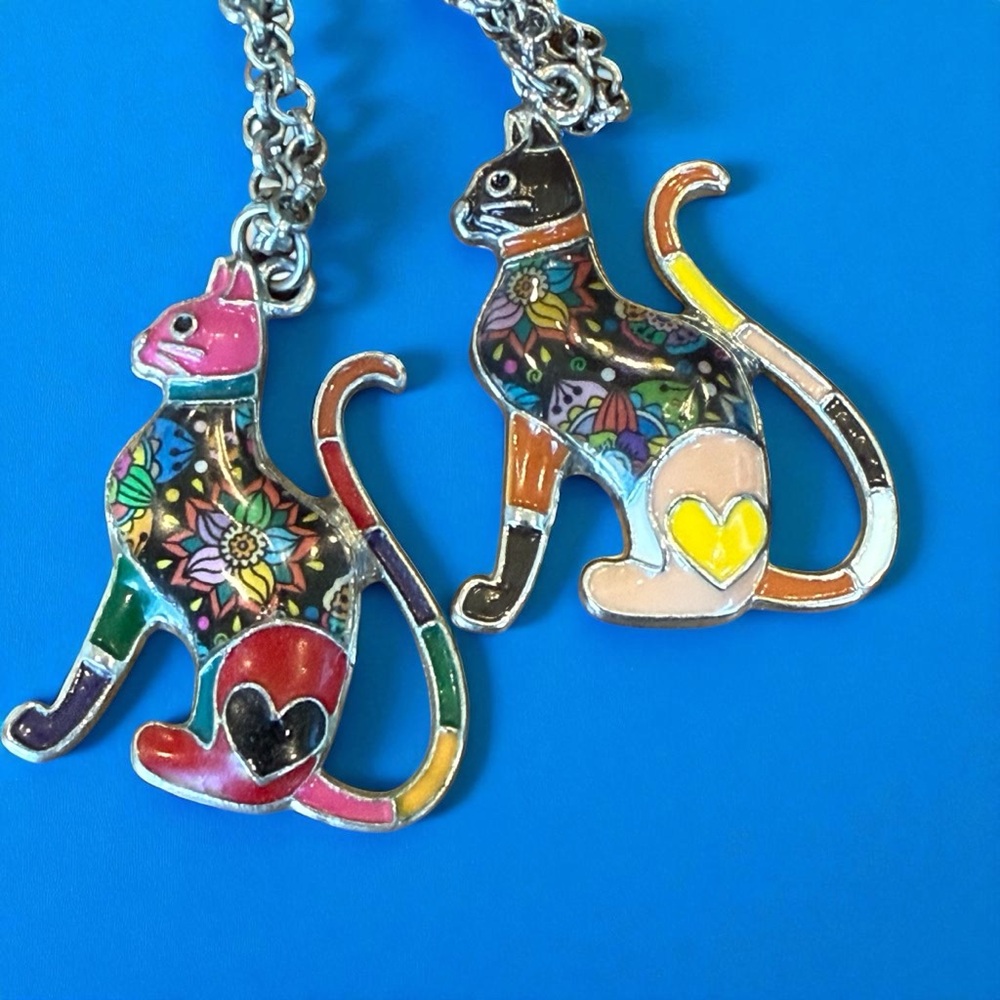 Lot of 2 Bonsy Silver Tone Boho Hippie Design Cat Pendant Necklace